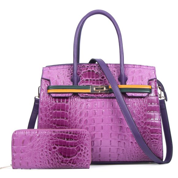 American Bee Handbags - American Bee Purple Leather Ostrich Satchel Bag Wallet Included
